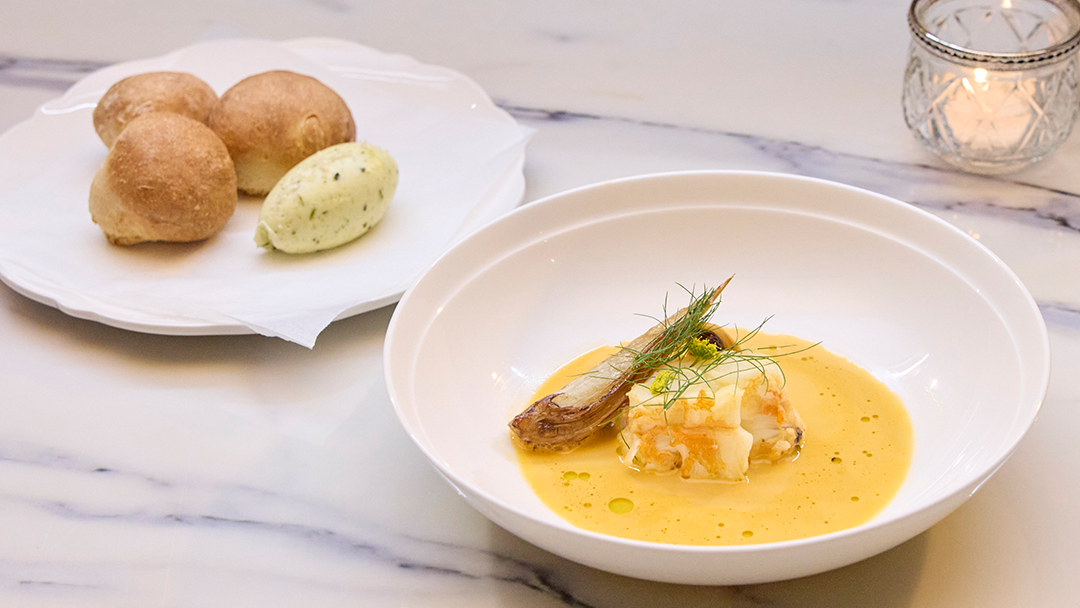 Seafood Bisque With Lobster, Mussels, Braised Fennel, Bisque and Crunchy Roll with Tarragon Butter