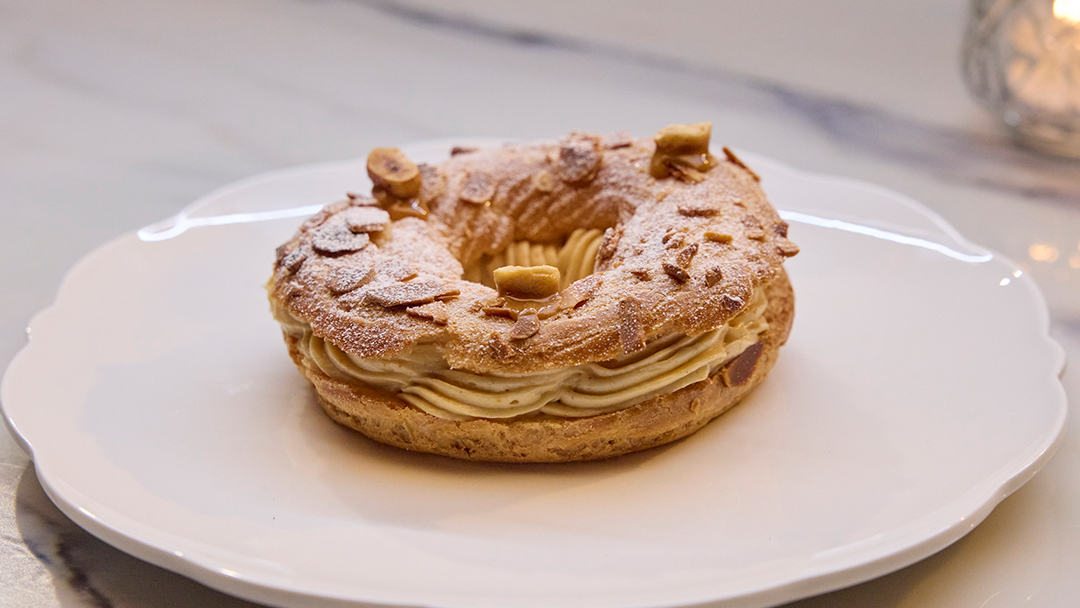 Paris Brest Choux, Praline, Flaked Almonds, Hazelnut