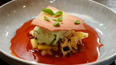Basil Olive Oil Ice Cream, Lime Feuilletine With Hibiscus Chilli Broth