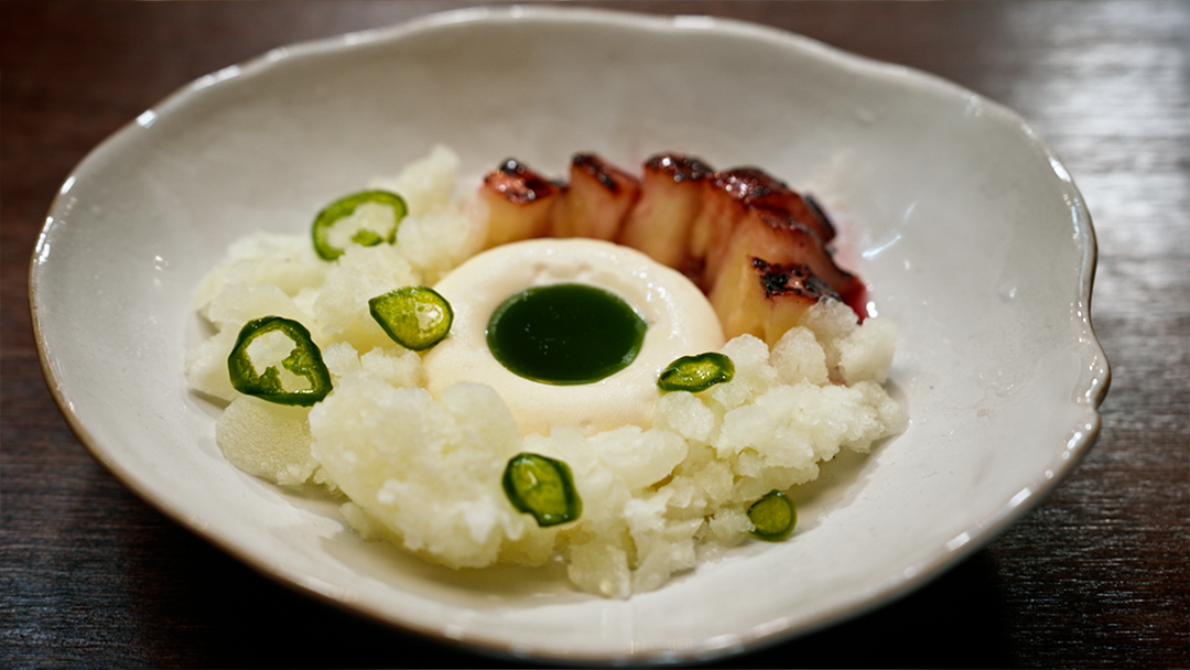 Burnt Pineapple, Salted Coconut Parfait, Jalapeño Granita, Basil Oil