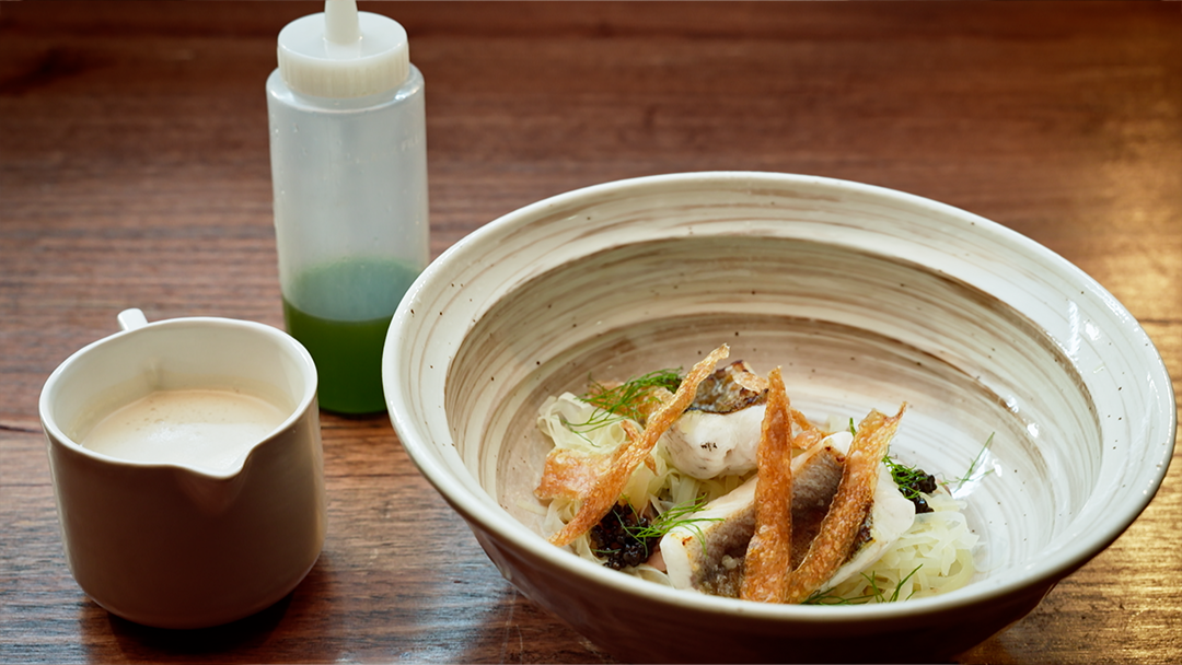 Potato Noodles, Charred Potato Skin Broth, Whiting and Pipis