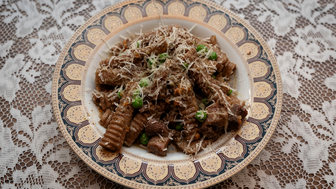 Chestnut Garganelli With Braised Veal Osso Buco, Rosemary & Peas
