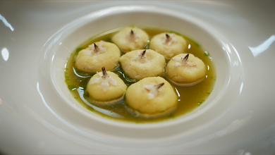 Buttermilk Ricotta Gnocchi, Charred Cucumber Consommé & Borage Oil