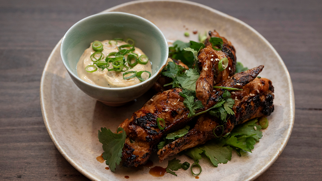 Prawn And Scallop Stuffed Chicken Wings With Oyster Sauce Glaze, Oyster Sauce And Soy Mayo