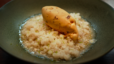 Chilli Oil Ice Cream With Coconut Sago Pudding And Lychee Lime Granita